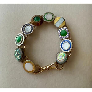 Vintage Metal Button and Abalone Panel Bracelet 7" Artisan Boho Retro Mix Metal